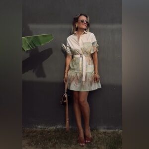 Zara Pastel Green and Beige Printed Belted Shirt Dress